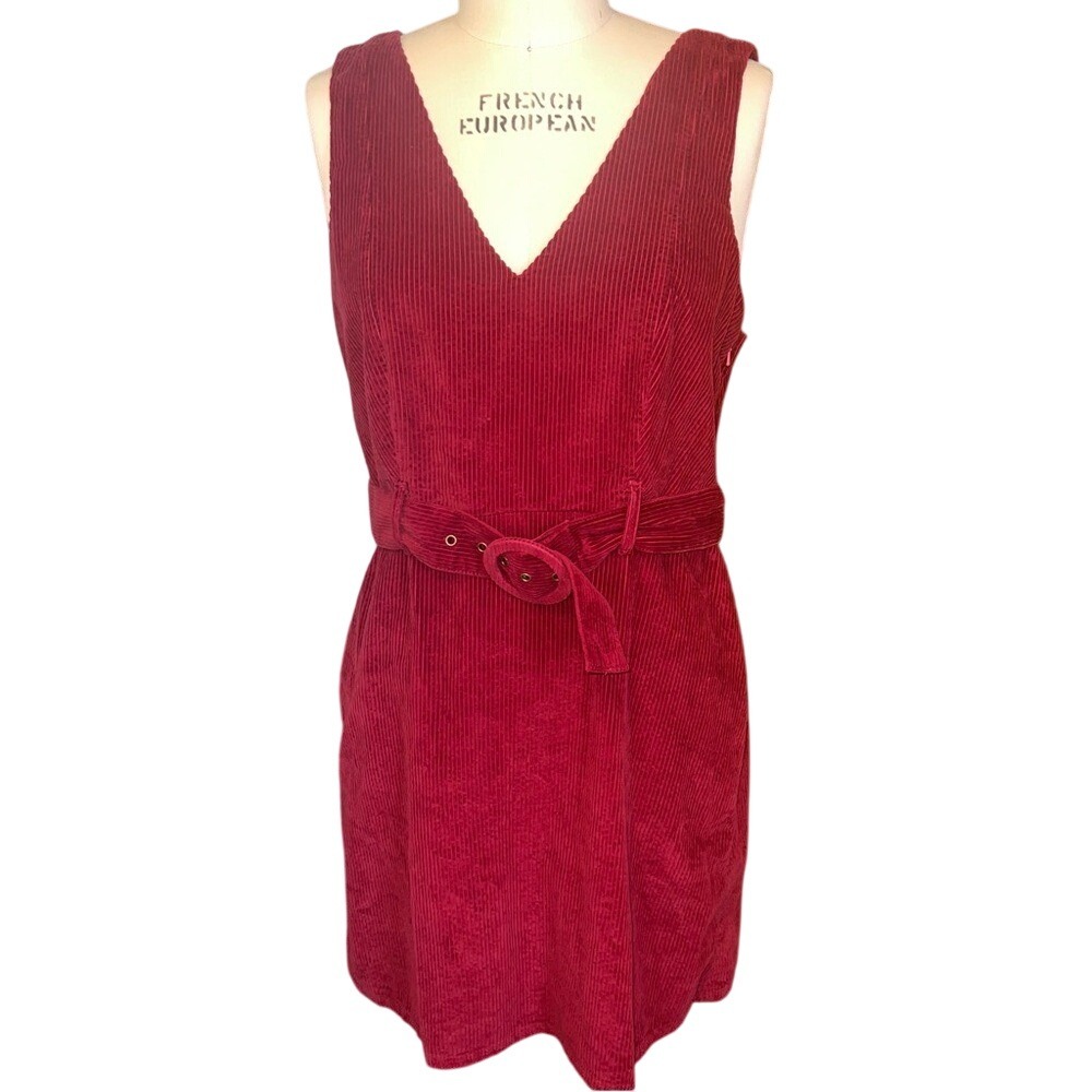 American‎ Eagle Outfitters Deep Red Corduroy Jumper Dress Large Belted Pockets
